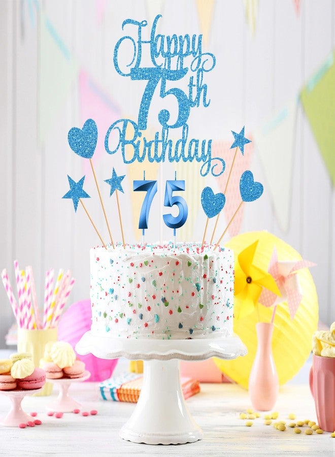 Lecferrarc 75th Birthday Cake Decorations, 75th Birthday Candles Cake Numeral Candles and Glitter Happy 75th Birthday Cake Toppers Set for Birthday Party Supplies (Blue) - Image 5